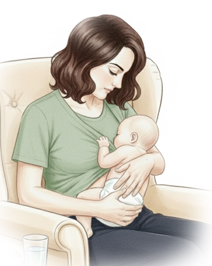 Kvinna som ammar sin bebis i upprätt ställning