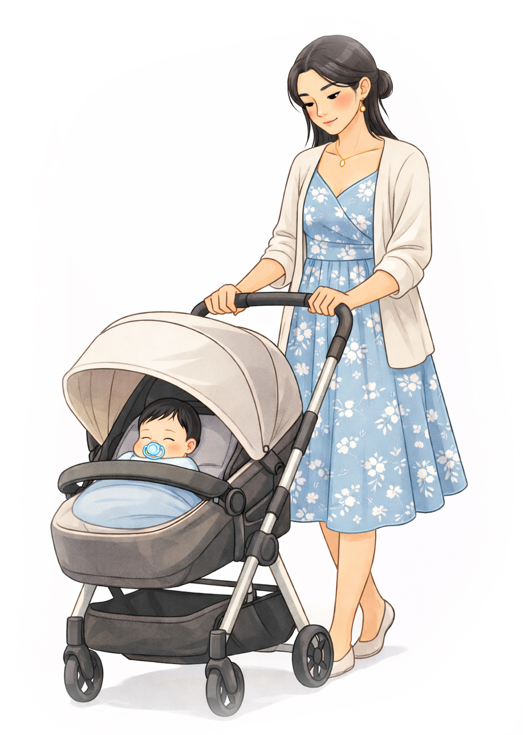 Kvinna som är ute och går med sin bebis i barnvagn