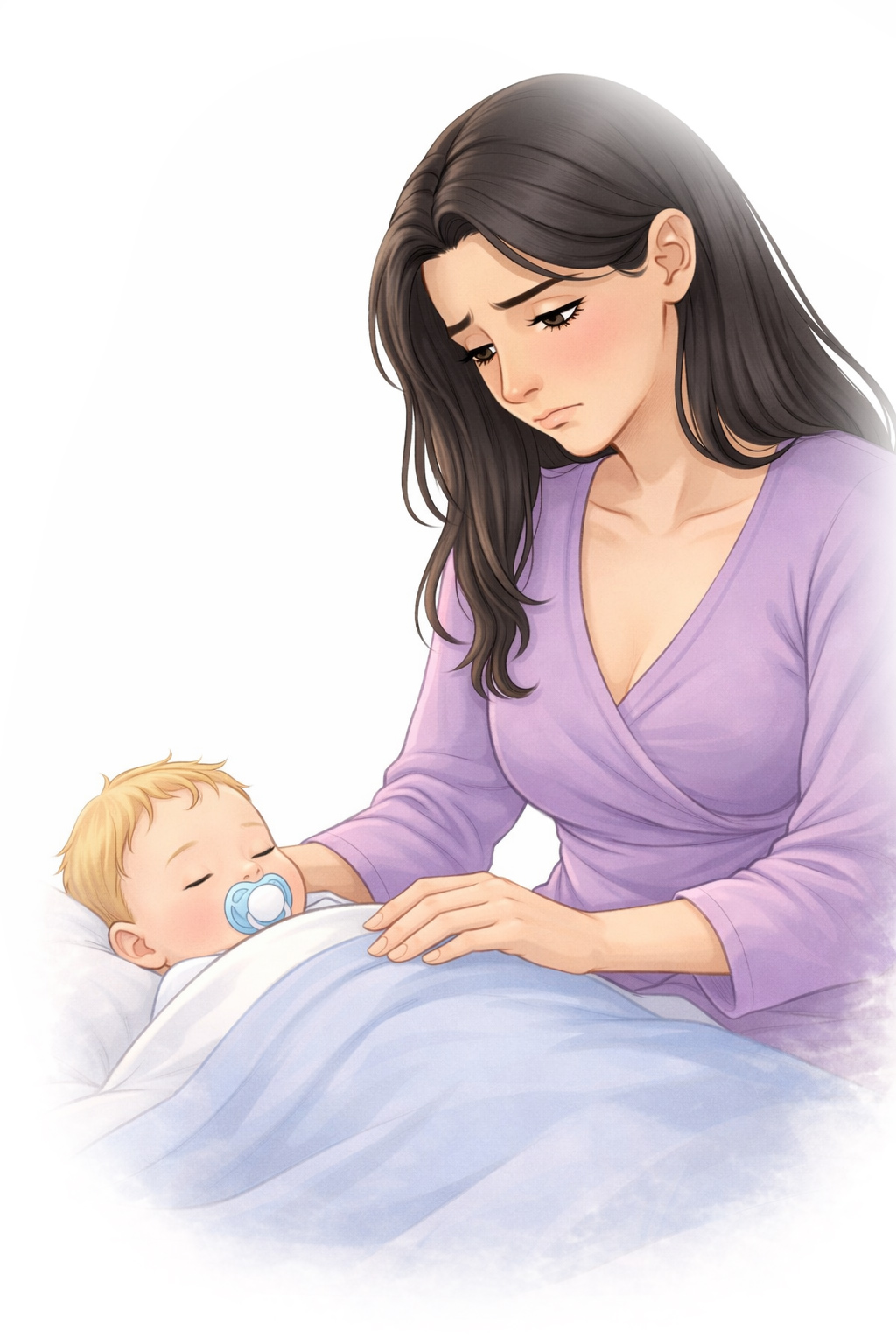 Kvinna som bekymrat tittar på sin sovande bebis