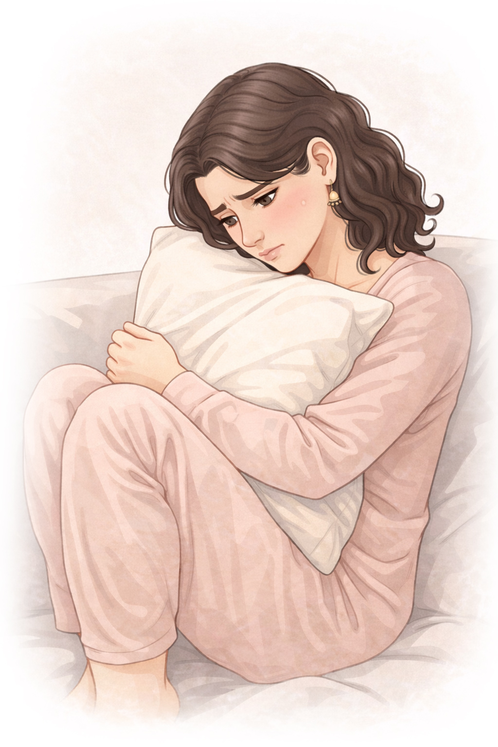 En bekymrad ung kvinna som kramar en kudde