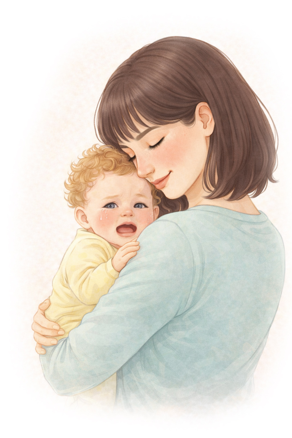 Mamma som håller i en ledsen bebis