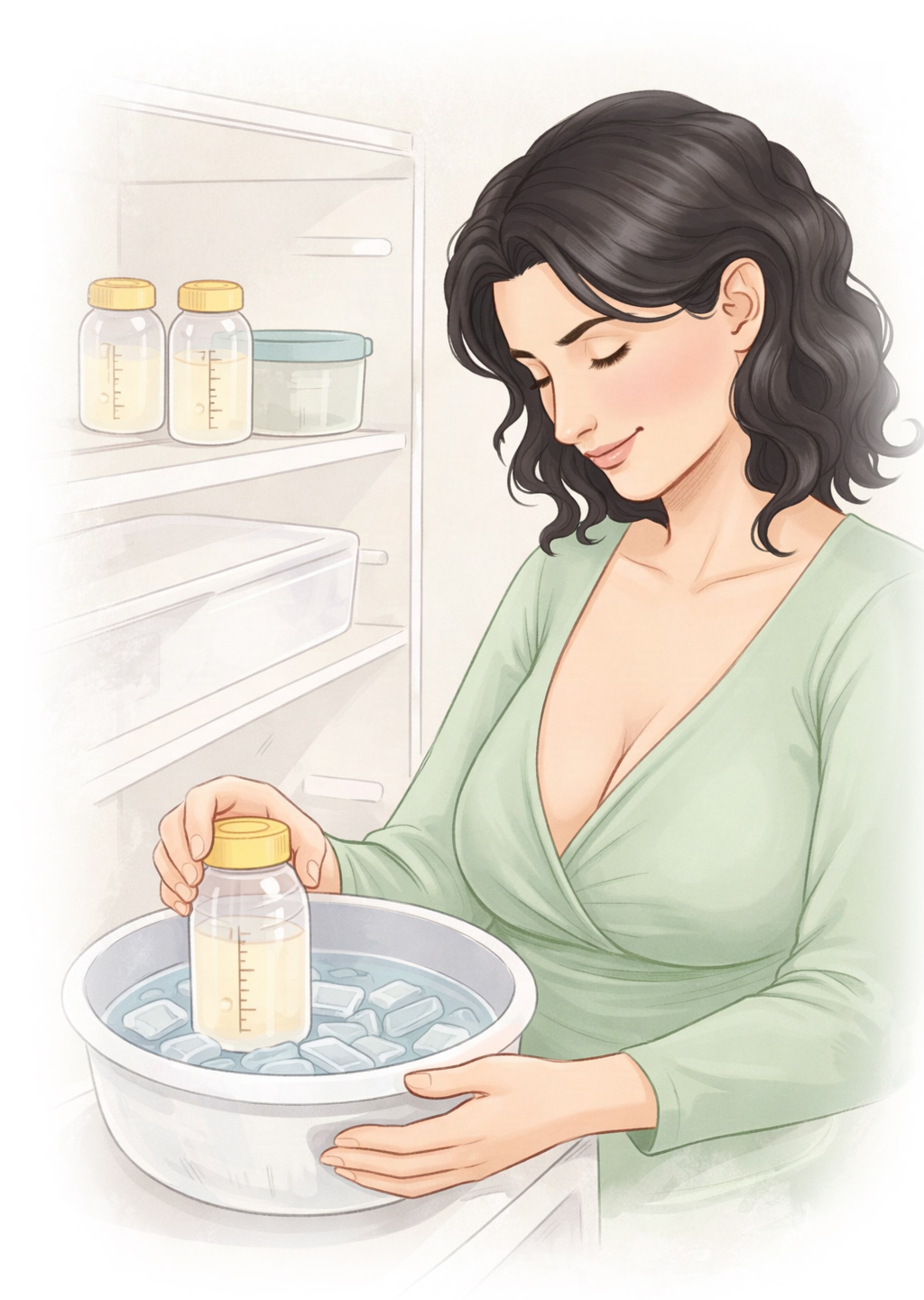 Kvinna som kyler bröstmjölk i vattenbad