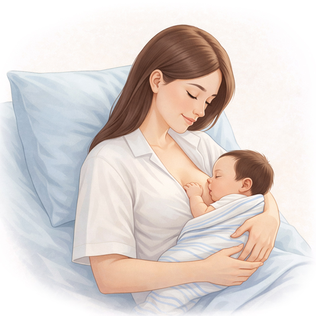 Kvinna som sitter i en sjukhussäng och ammar sin bebis