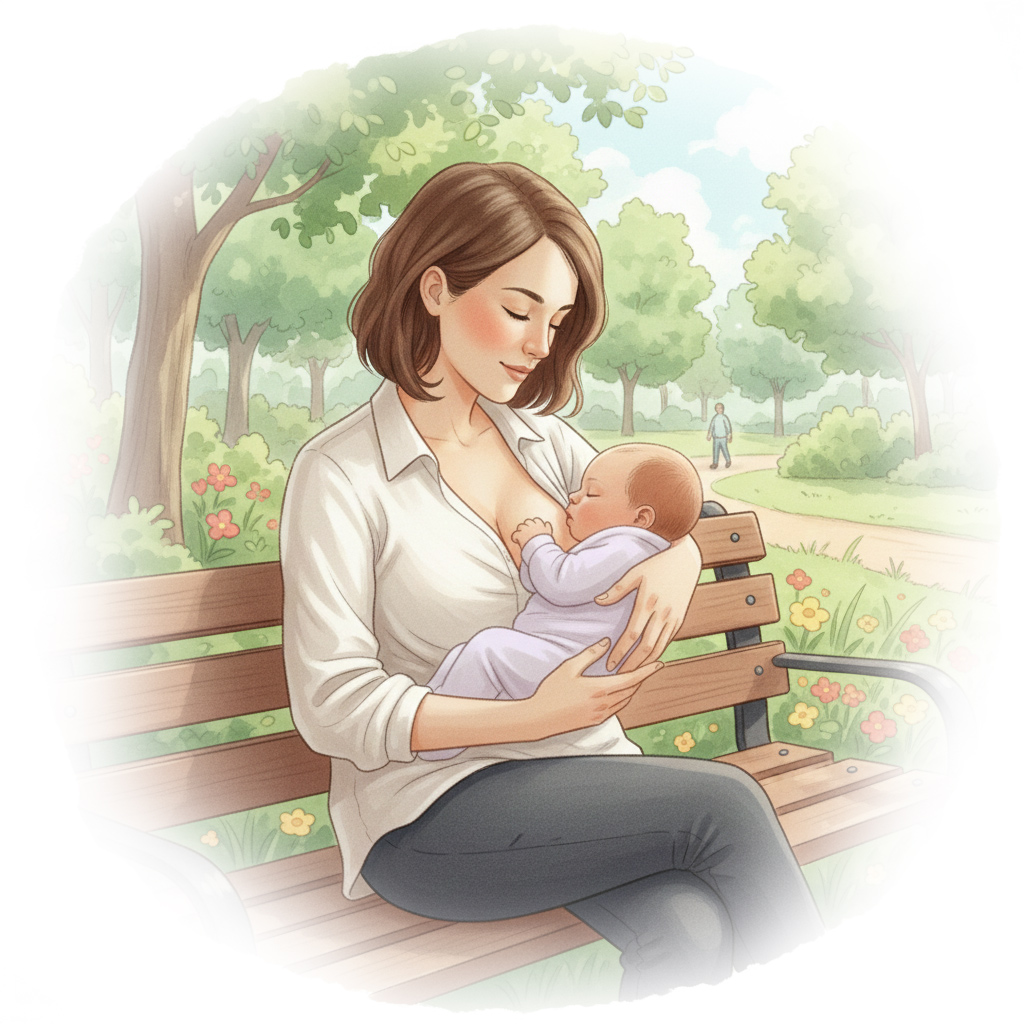 Kvinna som ammar sin bebis sittande på en bänk utomhus