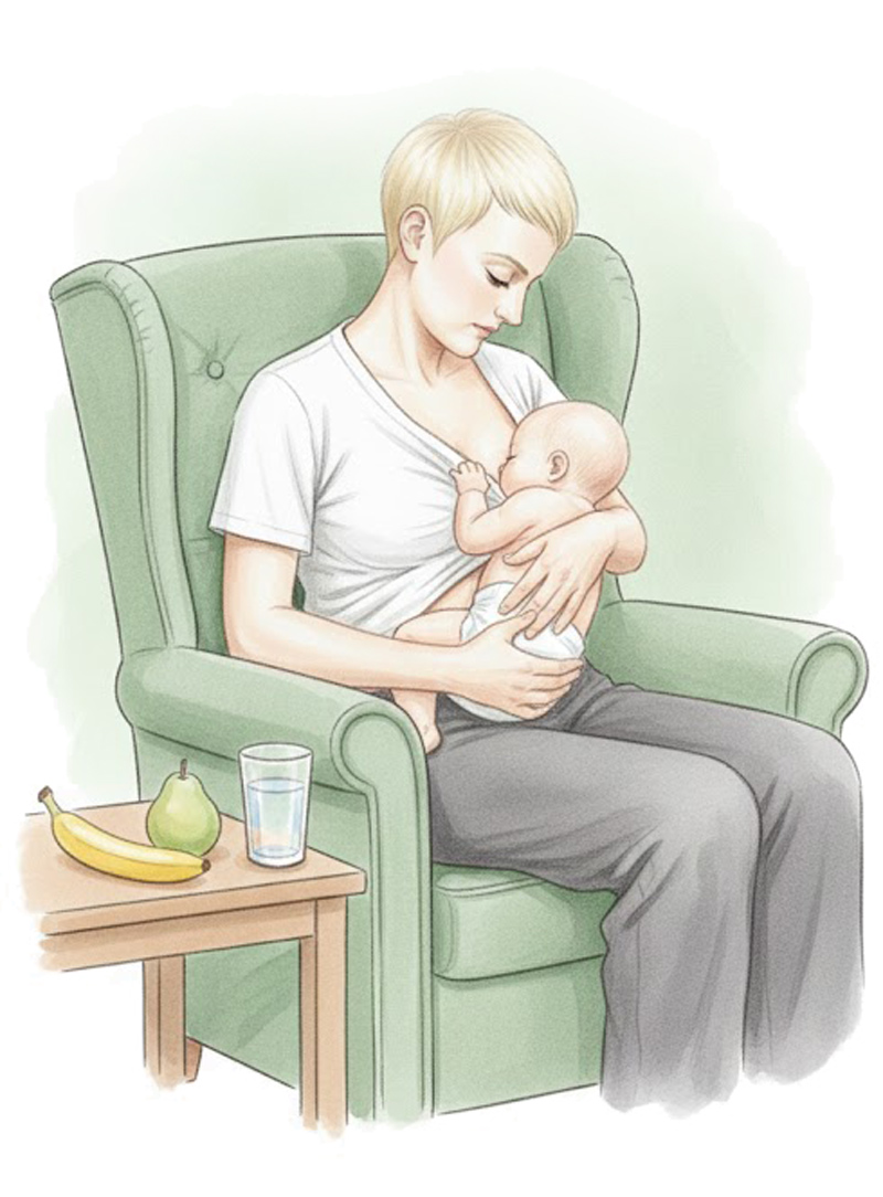 Kvinna som ammar sin bebis och har frukt och vatten intill sig