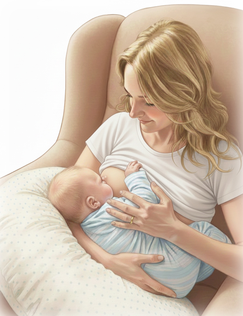 Kvinna som ammar en bebis och har en amningskudde i knät